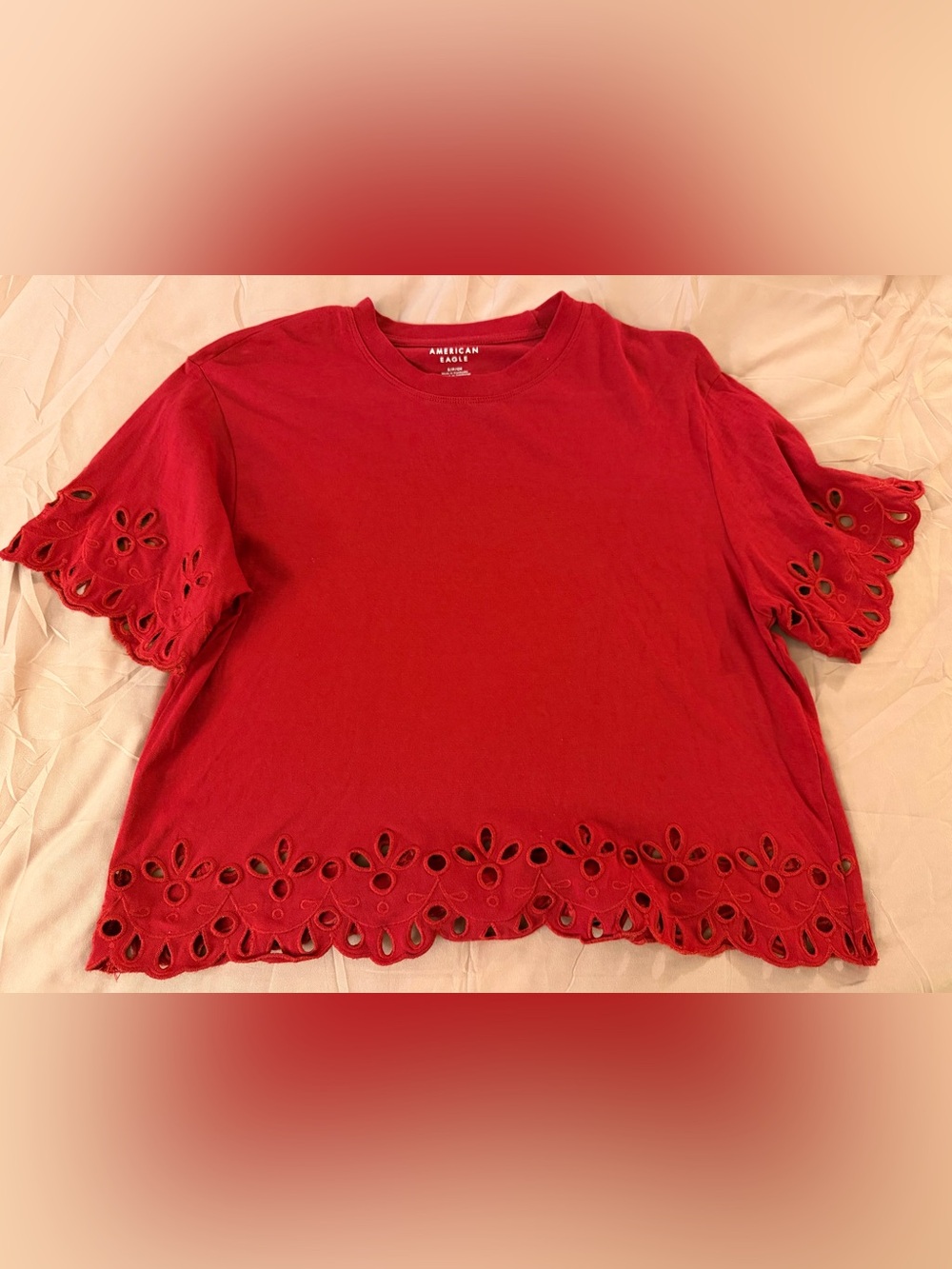 American Eagle Outfitters Red Eyelet-Hem Short Sleeve Tee with Scalloped Sleeves